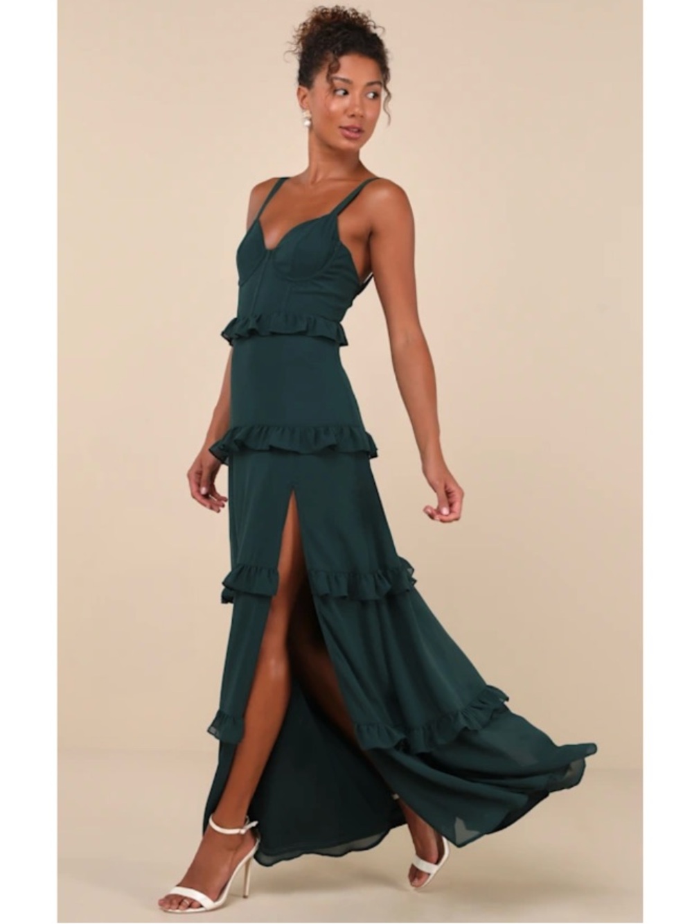 Lulus Sincerely Poised Backless Bustier Tiered Gown Maxi Dress Emerald Small